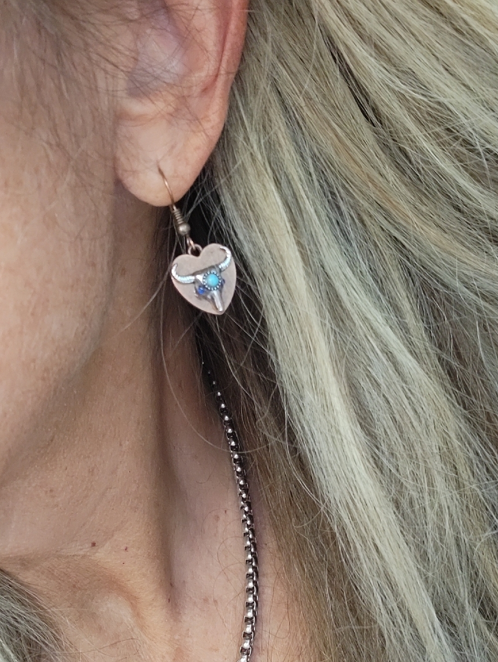 Turquoise Accent Copper Heart Longhorn Earrings - Women Jewelry - Picture 5 of 6
